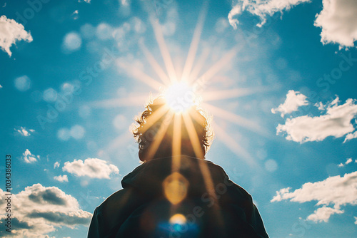 Back view of person looking into sun in blue sky