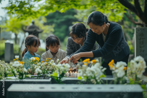 Family honors deceased loved one by placing flowers and lighting candles at grave site