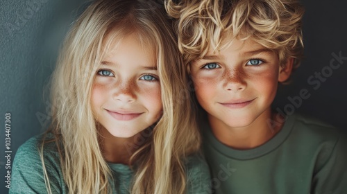 Two siblings in matching green shirts, displaying their playful and cheerful nature, standing against a gray wall to present a modern yet timeless portrait of childhood.