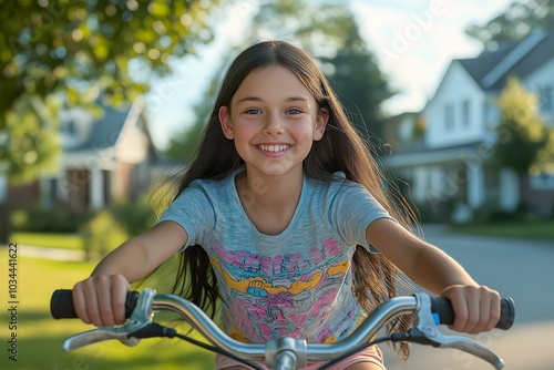 Girl with black hair cycling joyfully in the suburbs