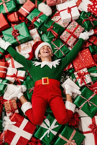 Happy man dressed as Christmas elf, lying in pile of gifts, joyful holiday celebration