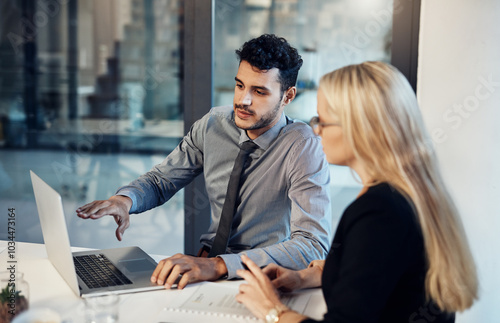 Training, laptop and team with business people in office for corporate treasurer, company liquidity and investment. Portfolio manager, planning and capital funds with employees in financial firm