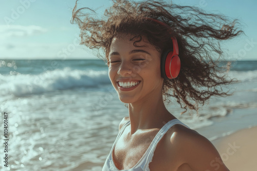 A cheerful young Brazilian woman enjoys a sunny day at the beach, headphones on, lost in the beats of her favorite songs. With a bright smile and carefree spirit, she dances playfully along the