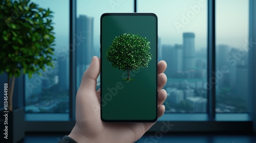 Mobile phone displaying a tree wallpaper in a modern office with a city view.