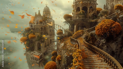 Floating Castle in the Clouds with Golden Leaves