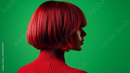 A model featuring a dramatic asymmetrical bob in fiery red.