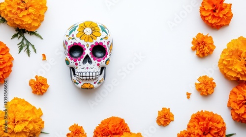 A colorful sugar skull adorned with floral designs is placed at the center surrounded by lively marigolds providing a striking contrast against the clean white background perfect for celebrations