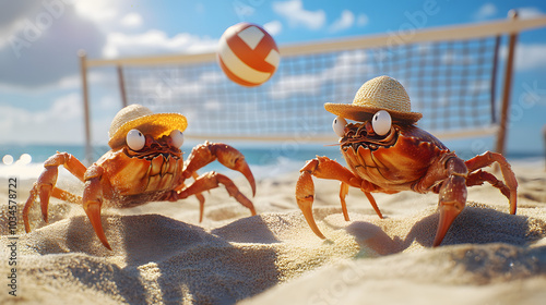 crabs playing beach volleyball on a sunny day