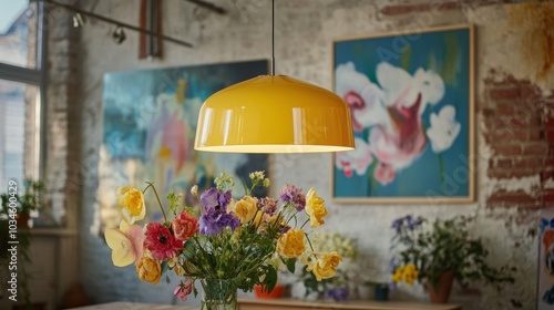 Modern Interior Design with Yellow Lamp and Floral Arrangement