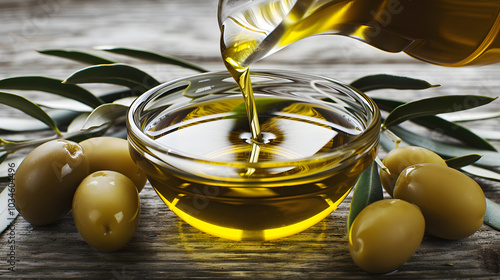 olive oil and olives, Pouring Golden Olive Oil into a Bowl with Fresh Olives for Culinary Delight