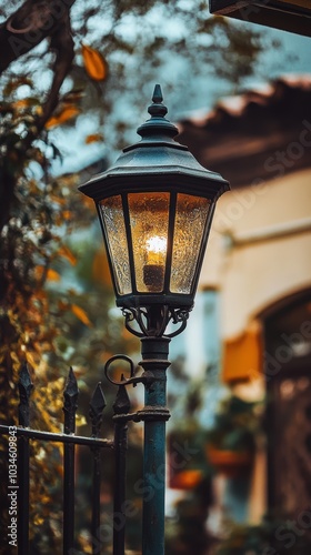 Vintage gaslight illuminating a quiet neighborhood at dusk