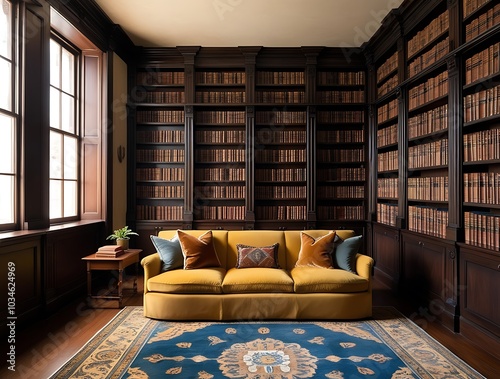 lush library filled with towering bookshelves, cozy reading nook with a comfortable sofa, inviting bookish ambiance perfect for bibliophiles and quiet contemplation (18)