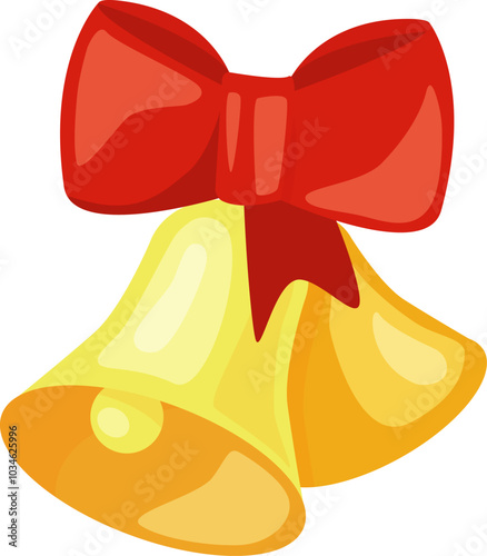 Golden bells with red ribbon. Christmas decor icon