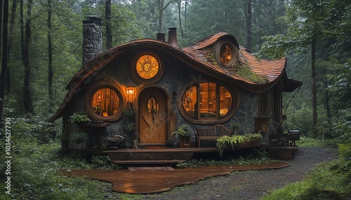 Dreamy tiny home nestled in a magical forest, featuring artistic architecture and elements of nature, perfect for a fairytale retreat