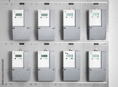 Many smart meters in electrical room of building. Digital meter transmits energy consumption. Electric energy use is recorded and transmitted automatic for invoicing. Selective focus.