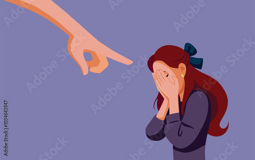 Person Blaming an Unhappy Woman Crying of Shame Concept Illustration. Critical person pointing fingers at a depressed girl 