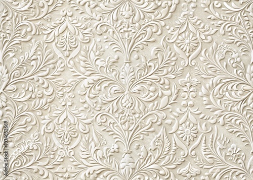 Detailed luxury white paper texture featuring delicate floral motifs and ornamental elements in a seamless pattern.