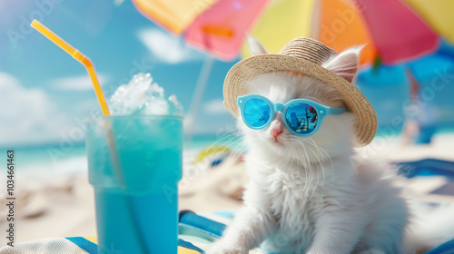 Cute kitten wearing sunglasses enjoying a tropical drink on a sunny beach