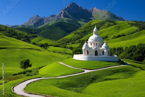 A fairy-tale castle with buttercream towers, rising above rolling green hills