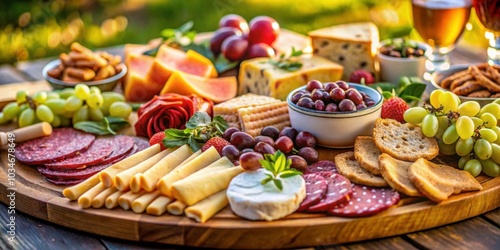 Close-up of a charcuterie board with an assortment of snacks displayed outdoors, charcuterie, board, assortment, snacks, outdoor