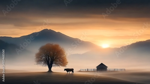 A tranquil scene of a cow being led into a wooden enclosure at twilight, with the surrounding landscape bathed in soft, fading light, symbolizing karma's inevitable return Ultra-Realistic Photo 