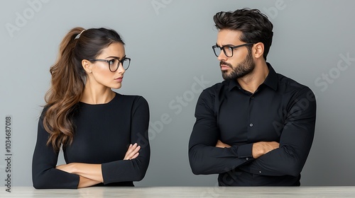 Two individuals in a professional setting, exchanging cold glares across a table during a tense negotiation, highlighting disagreement, Ultra-Realistic, Photo Realistic, highly detailed, 