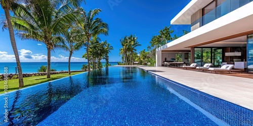 Exterior of amazing modern minimalist cubic villa with large swimming pool among palm tree