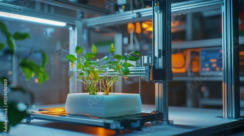 3D Printing of Biodegradable Materials : A 3D printer creating biodegradable materials or bio-engineered structures, with holographic data showing the environmental and biological benefits