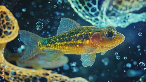 Genetic mutations and heritable DNA damage linked to environmental pollution featuring a hybrid fish and frog complemented by 3D illustration elements