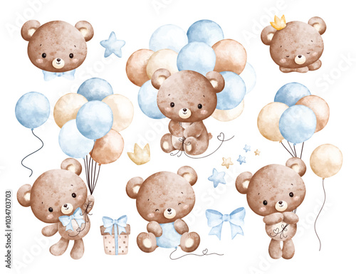 Watercolor Illustration Set of Baby Teddy Bears and Blue Balloons