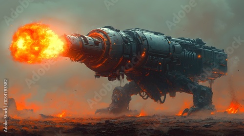 Massive Armored Flamethrower Wielded by Hulking Mutant Creature in Apocalyptic Sci-Fi Landscape