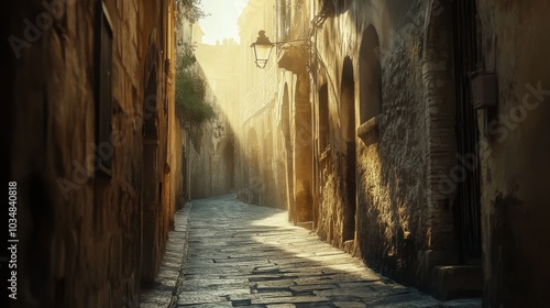 A narrow alleyway with a street lamp in the middle