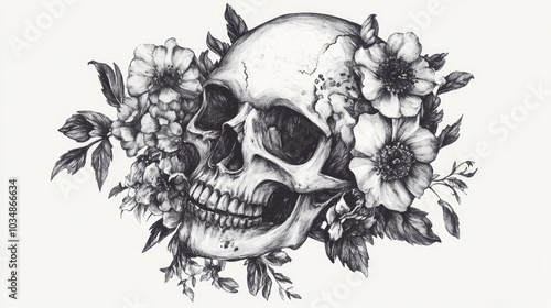 Human skull adorned with flowers representing the concepts of life and death infinity and immortality Artistic design for t shirts blending psychology and poetry in black and white 2d graphics