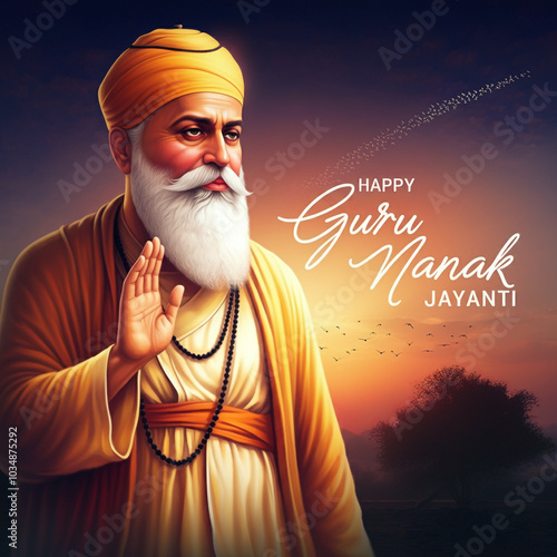 A dignified portrait of Guru Nanak with "Happy Guru Nanak Jayanti" text, radiating warmth and grace