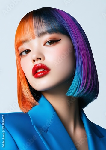 A colorful portrait with orange, blue, and purple hair, showcasing trendy fashion style, vivid makeup, and bold modern aesthetics.