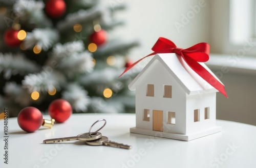 Festive homeownership: house model with red bow and holiday decor