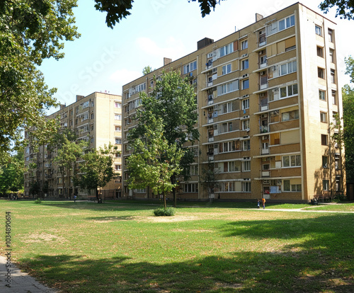 Eastern European apartment blocks. AI generative.