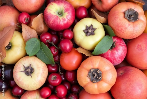 Variations of autumn fruits like crabapples cranberries and pers