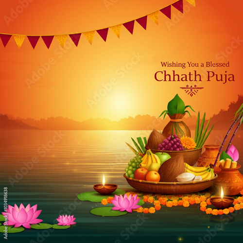 "Wishing You a Blessed Chhath Puja" with offerings by a serene riverside.