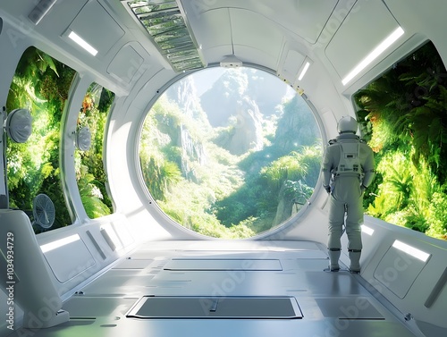 Futuristic Biosphere Habitat in Rotating Space Station with Panoramic Views of Terraformed Landscape