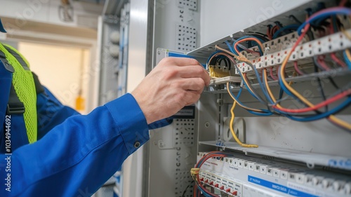 Electrician working on control panel with wires and instruments.