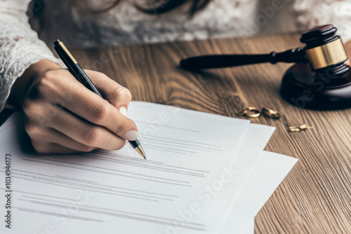 Woman signing legal documents with gavel on desk in divorce lawyer's office