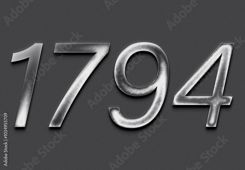 Chrome metal 3D number design of 1794 on grey background.