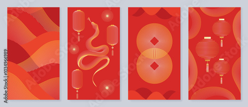 Chinese New Year 2025 card background vector. Year of the Snake design with golden snake, cloud, flower, firework, pattern. Elegant oriental illustration for cover, banner, website, calendar.