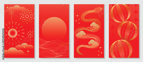 Chinese New Year 2025 card background vector. Year of the Snake design with golden snake, cloud, flower, firework, pattern. Elegant oriental illustration for cover, banner, website, calendar.