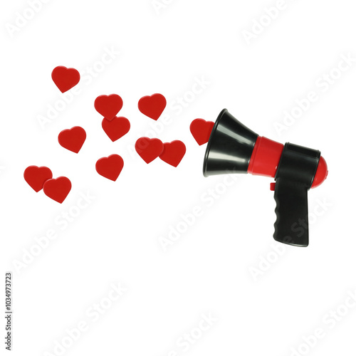 Abstract photo megaphone love speech red hearts sweet talk flattery compliments isolated on white background. Lovely words concept idea