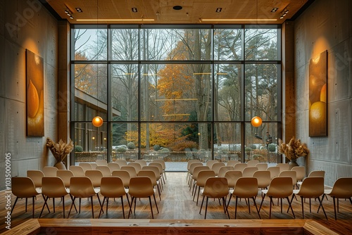 Empty chairs arranged in a room with large windows overlooking a forest.