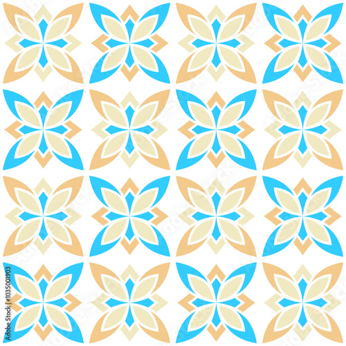 Hand drawn seamless pattern of square ceramic tile. Ornate patchwork pattern design. Typical Mediterranean floor and wall tiles in different patterns and design in blue, brown yellow and white color