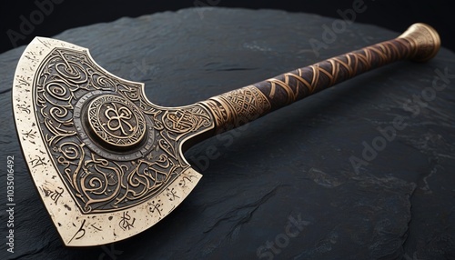 An intricately designed battle axe with runes etched into its blade, positioned on a dark stone surface, showcasing its formidable power, Generative AI