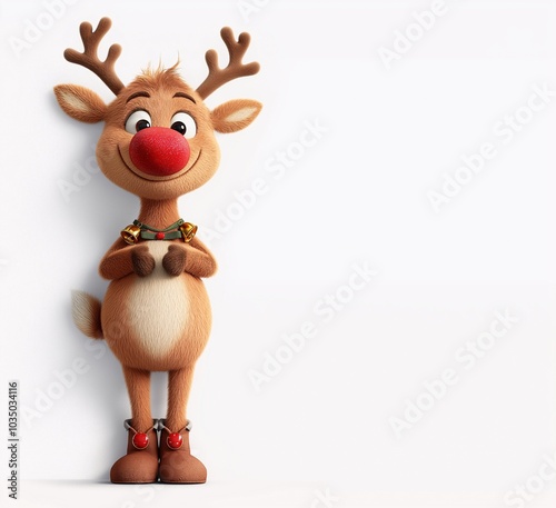 Rudolph's Festive Cheer: A cute and friendly reindeer with a bright red nose and jingle bells, ready to spread holiday cheer. This 3D illustration is perfect for greeting cards, social media.